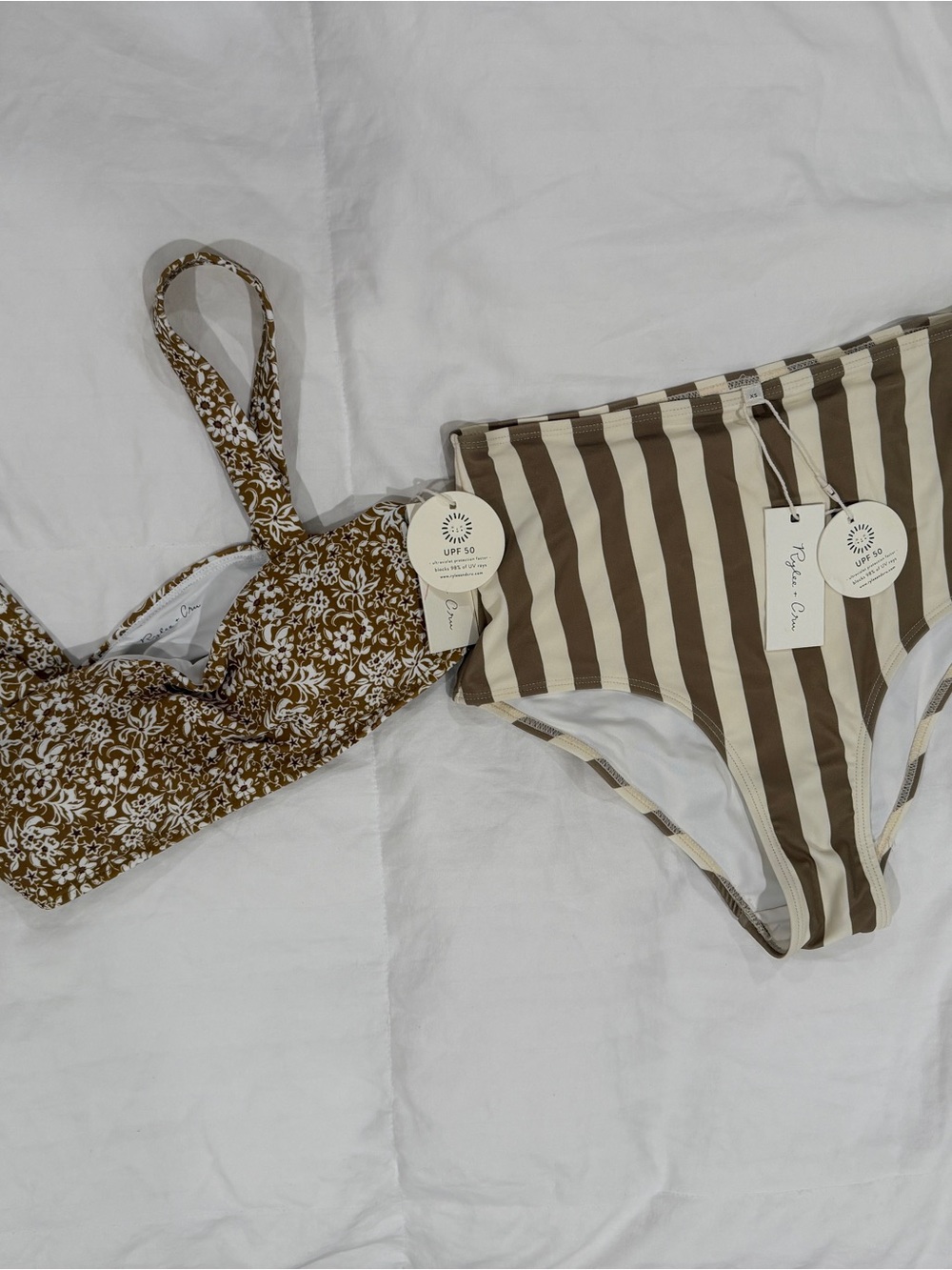 Rylee + Cru Olive Cream Floral Swim Top with Striped Bikini Bottoms